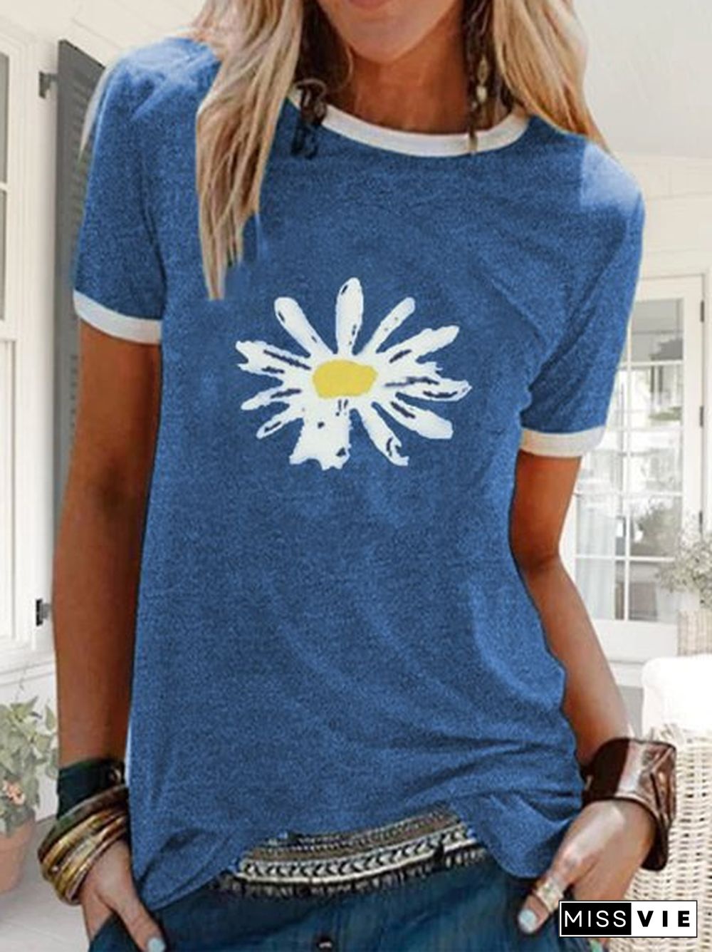 Women Floral Print Short Sleeve Round Neck T-Shirts Tops