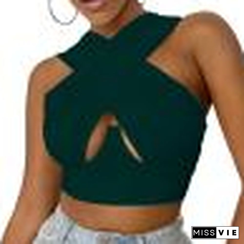 Hollow Out Crossed Sexy Vest Women Solid Color Cropped Tops Slim Fit Sleeveless Double Use Camisole Tank Tops