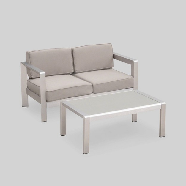 Aviara 2pc Aluminum Patio Loveseat amp Coffee Table Set Khaki Christopher Knight Home