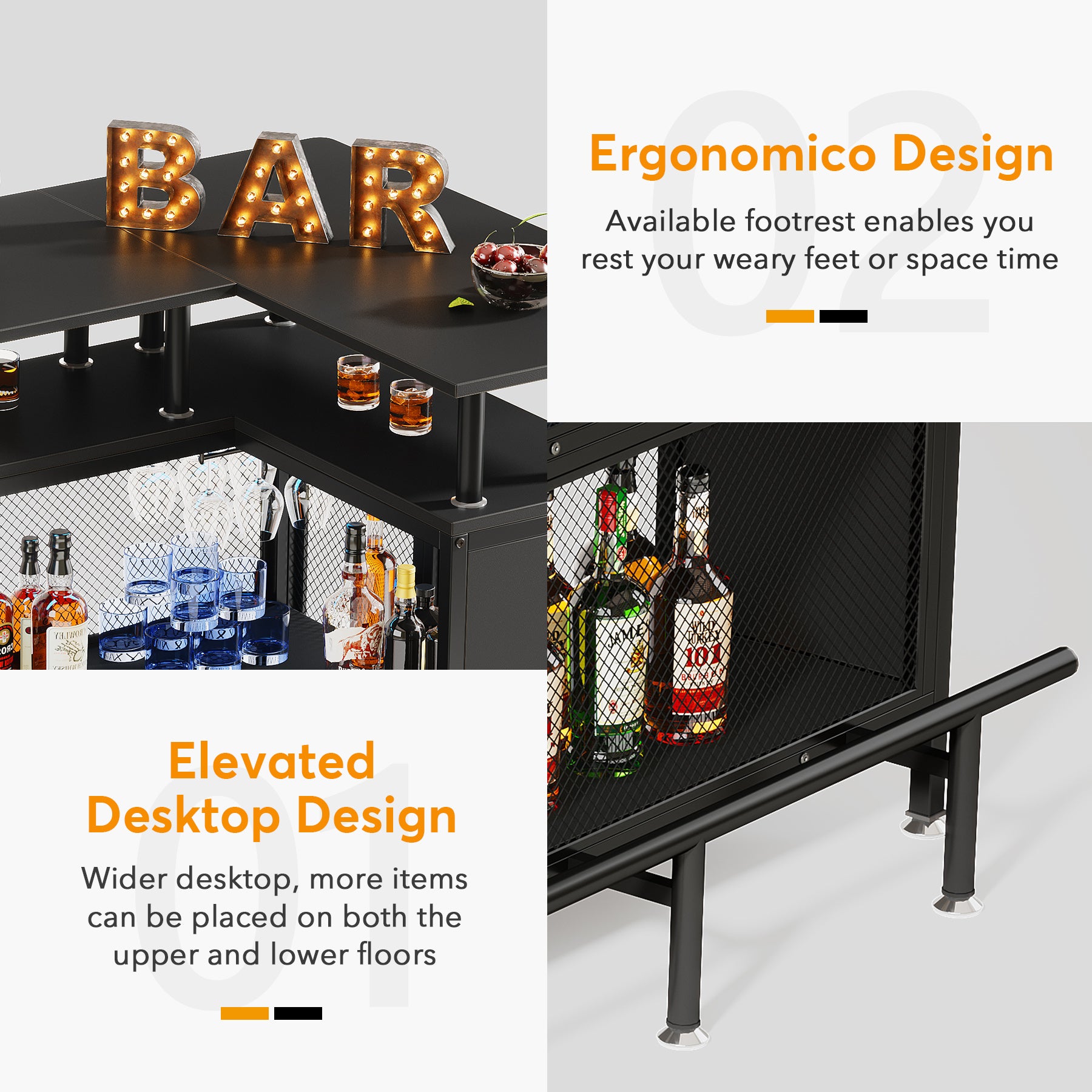 L-Shaped Home Bar Unit, Liquor Bar Table with Glasses Holders & Shelves