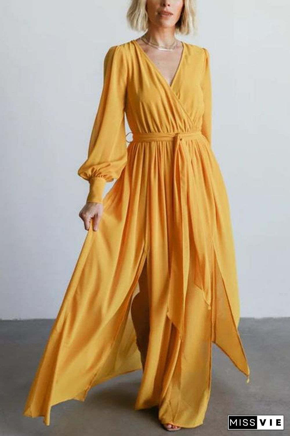 Button Puff Sleeve Belted Maxi Dress