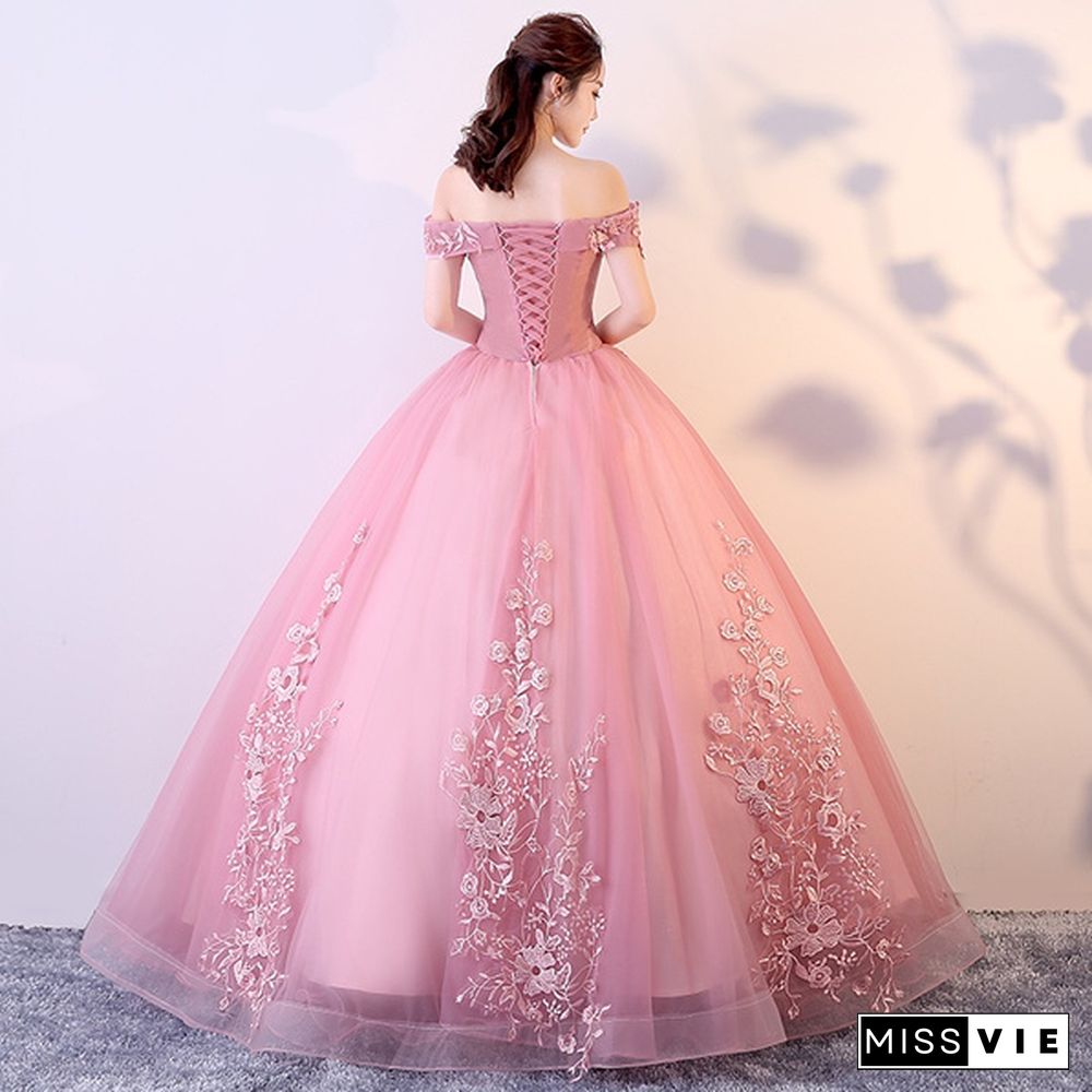 Off Shoulder Blush Pink Appliques Ball Gown Vintage Quinceanera Dresses Lace Up Formal Prom Gowns Pink Tulle Dresses