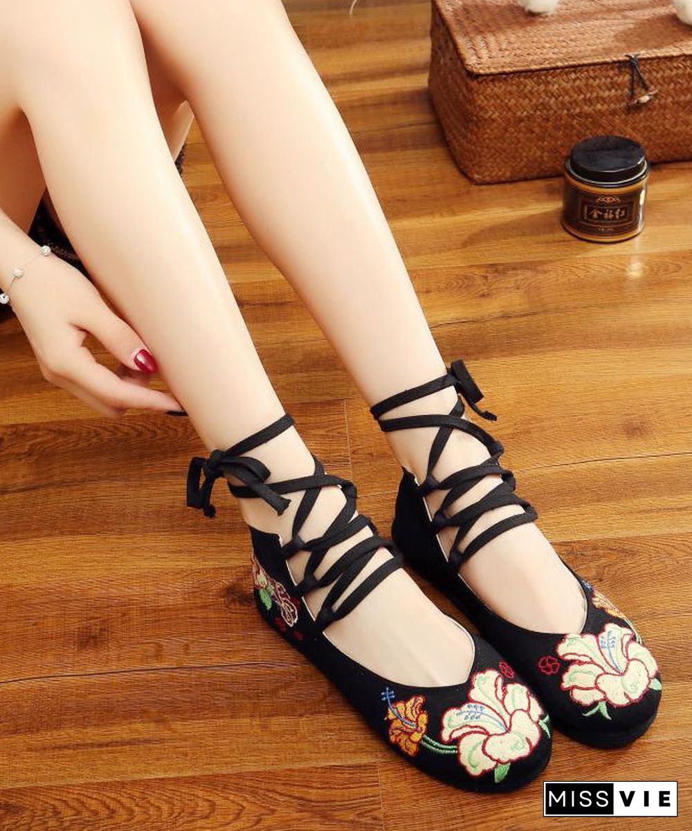 Black Cotton Fabric Embroideried Flats Handmade Cross Strap Flat Feet Shoes