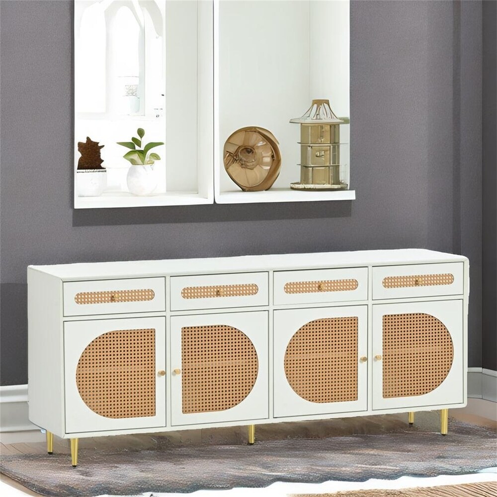 White Woven Storage Sideboard Cabinet with Adjustable Shelves