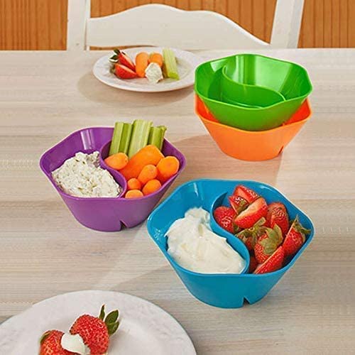 Jarratt Industries Double Dipper Snack and Serving Bowls， Divided Bowls for Chips， Dips， Snacks， Multicolored， 6 Piece Set