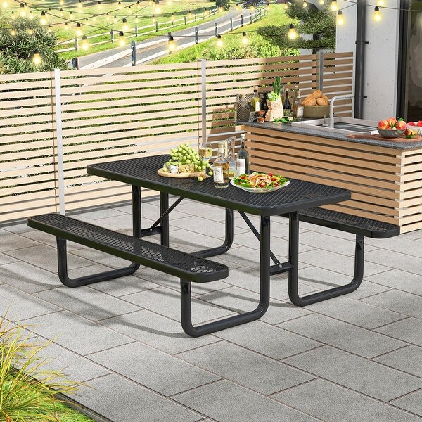 Outdoor Picnic Table and Bench Set for 8 Person with Seats and Mesh Grid