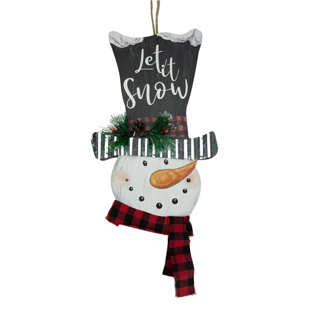 Wooden x27 let It Snow x27 Snowman With Plaid Scarf Christmas Wall Sign