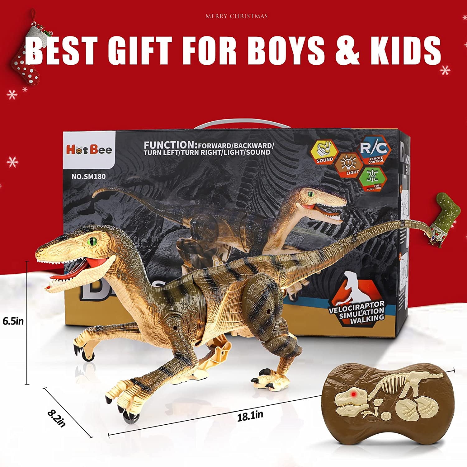 Hot Bee Remote Control Dinosaur Toys， Jurassic Roaring Sound Walking Velociraptor RC Toys for Kids 4+ Boys