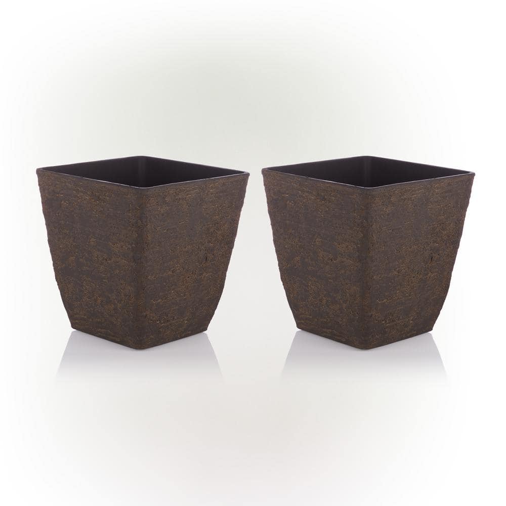 Alpine Corporation Medium Brown Indoor/Outdoor Stone-Look Resin Squared Planter (Set of 2) CLL386M-SWD-2