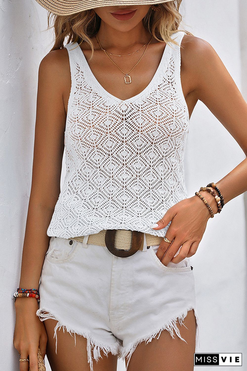 Plain V Neck Geometric Knit Tank Top