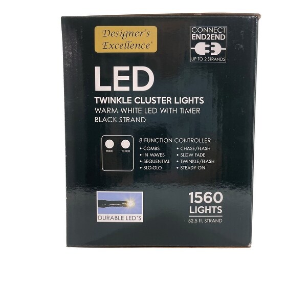 Direct Export LED Twinkle Cluster Lights 52.5Ft White w/ Black Strand Connect End to End