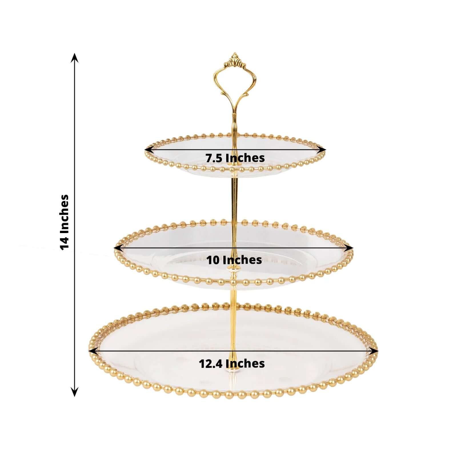 Clear 3-Tier Round Plastic Cupcake Tower Stand with Gold Beaded Rim, Dessert Display Tea Party Serving Platter With Top Handle - 14