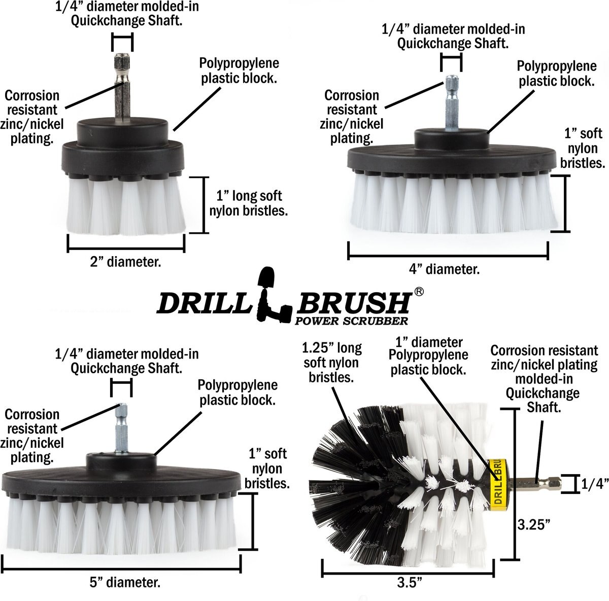 Drillbrush Power Scrubber 4-Piece Pet Hair Removal Kit， Soft Bristle Drill Brush