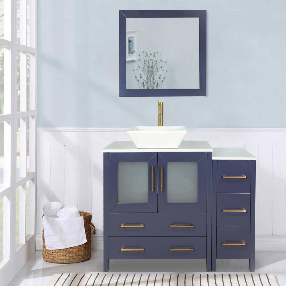 Vanity Art Ravenna 42 in. W Single Basin Bathroom Vanity in Blue with White Engineered Marble Top and Mirror VA3130-42B