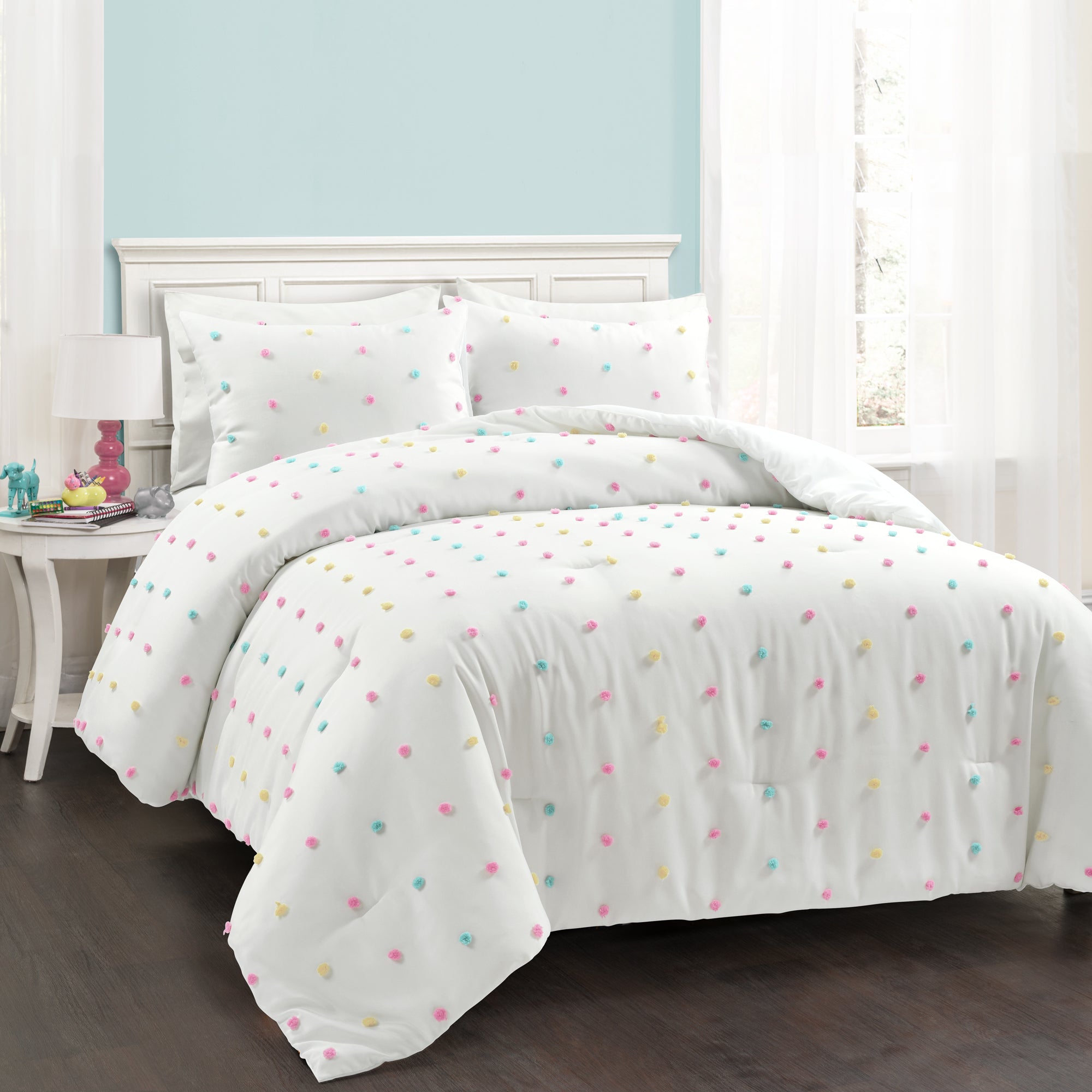 Bedding Bundle: Rainbow Tufted Dot Comforter Set + Soft Stripe Coverlet Set