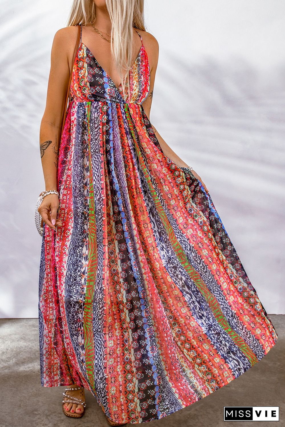 Multicolor Sling V-Neck Backless Boho Maxi Dress