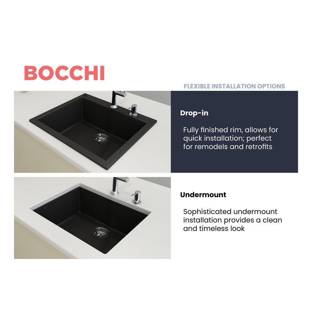 BOCCHI Campino Uno Matte Black Granite Composite 24 in. Single Bowl Drop-InUndermount Kitchen Sink with Strainer 1606-504-0126