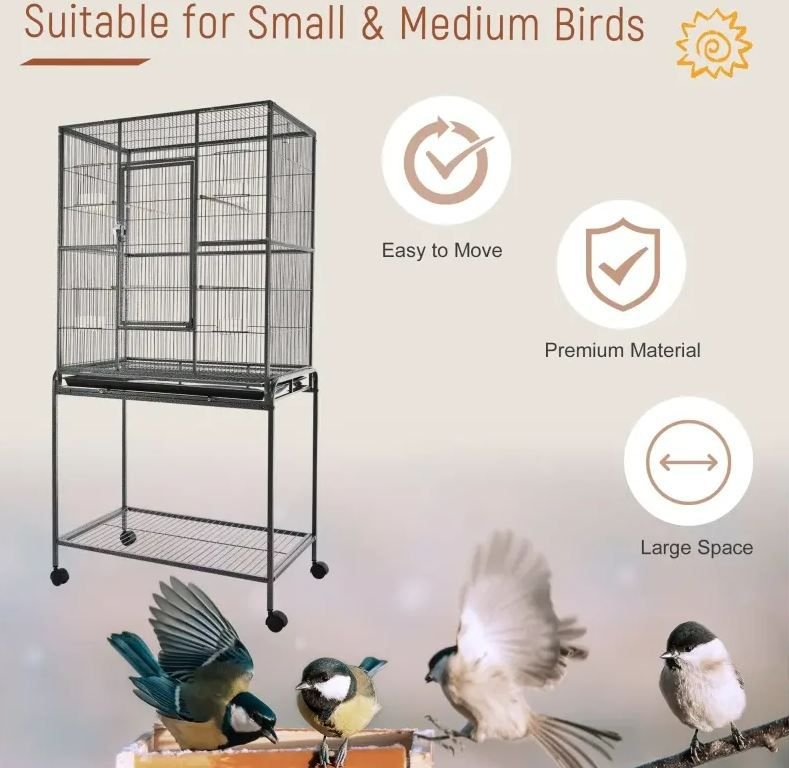 PawHut 65-in Double Rolling Metal Bird Cage， Black and Gray