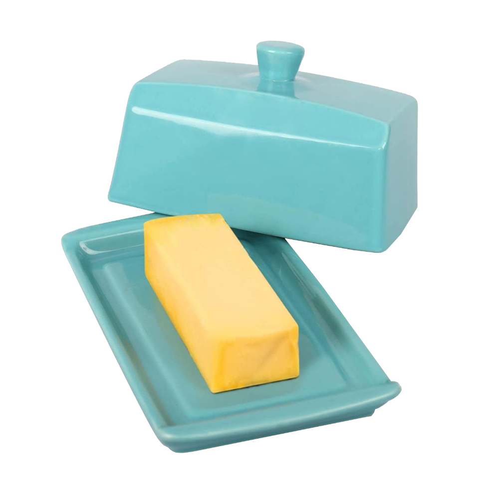 Ceramic Butter Dish with Lid For Countertop， Rectangular Keeper Container-Blue