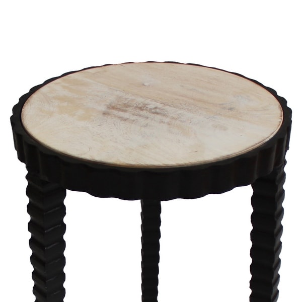 22 Inch Round Wooden Side Table with Tapered Tripod Base， Brown and Black