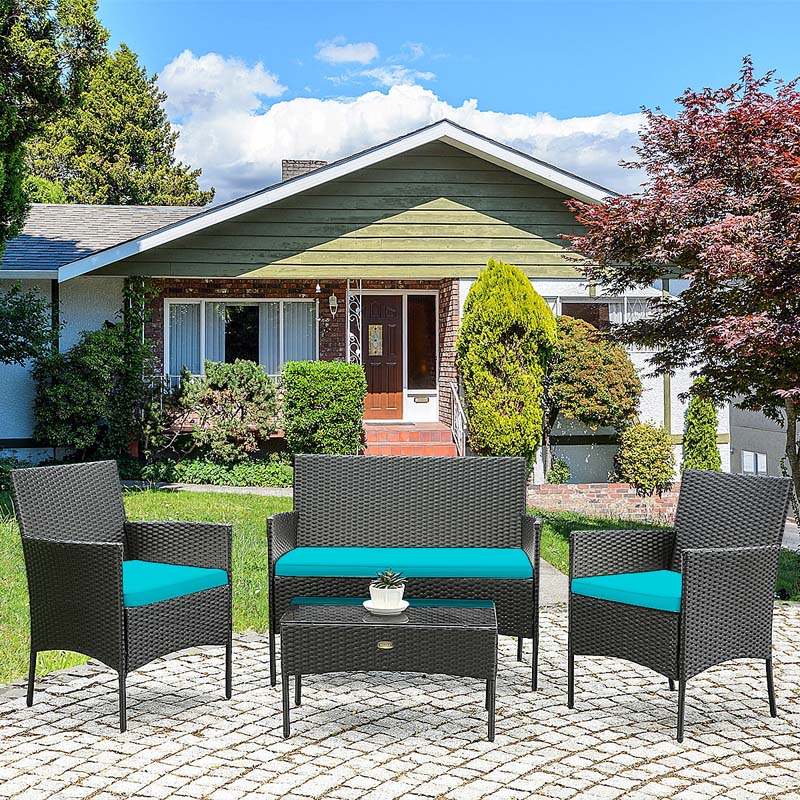 4 Pcs Rattan Patio Conversation Furniture Set Wicker Outdoor Sofa Set with Cushions & Coffee Table