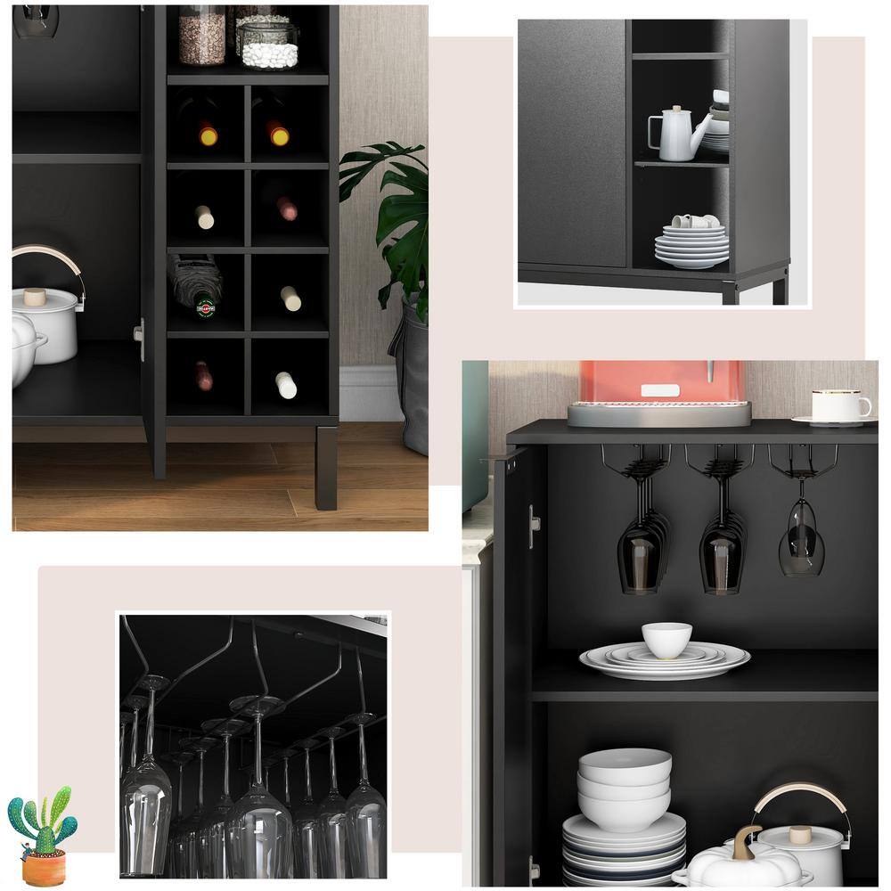 33.86 in. W x 14.17 in. D x 34.65 in. H Black MDF Ready to Assemble Floor Kitchen Cabinet with Wine Racks mnjtrmrcxrzzs15