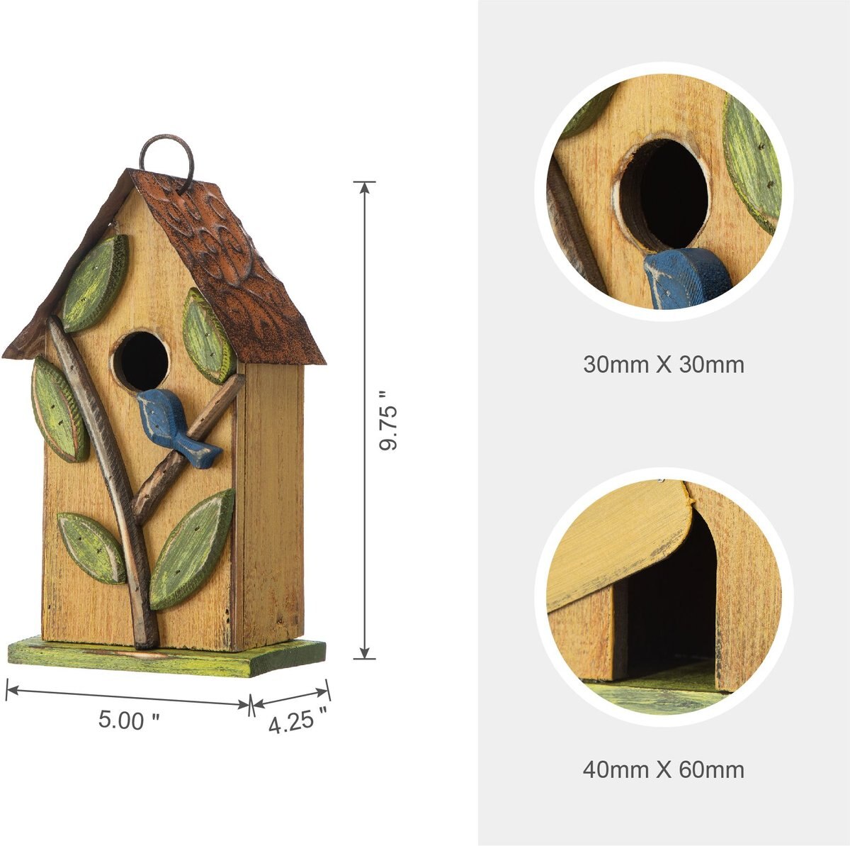 Glitzhome Washed Distressed Solid Wood Birdhouse with 3D Tree and Bird