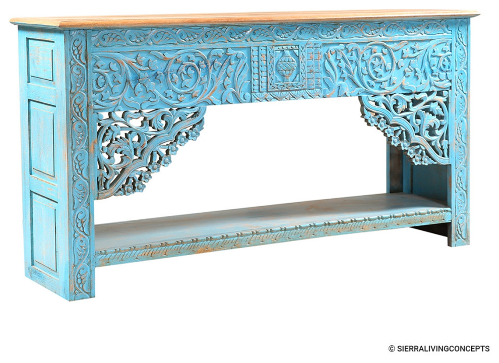 Distressed Solid Wood 2 Tone Traditional Hand Carved Console Table   French Country   Console Tables   by Sierra Living Concepts Inc  Houzz