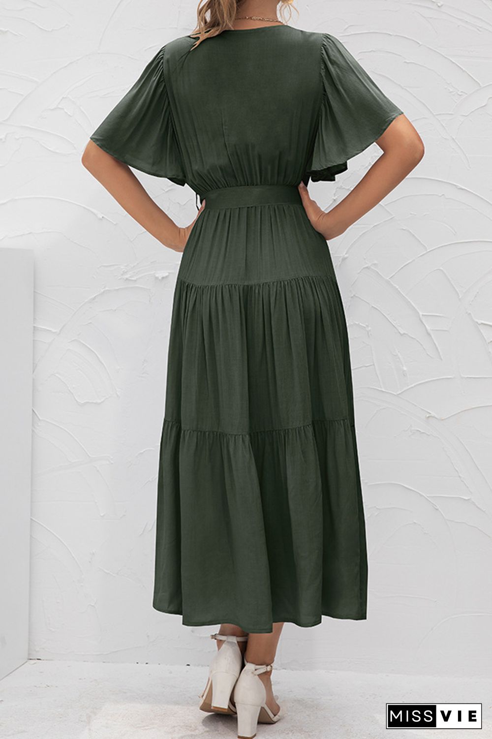 Elegant Solid Split Joint With Belt V Neck Cake Skirt Dresses