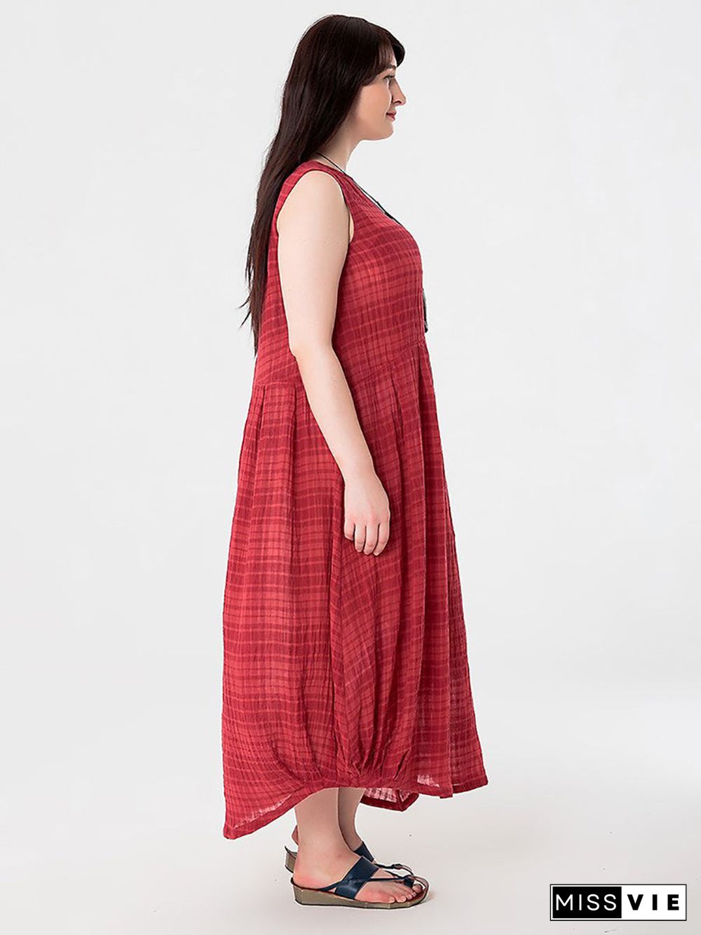 Plus Size Women Summer Plaid Cotton Linen Vest Dress