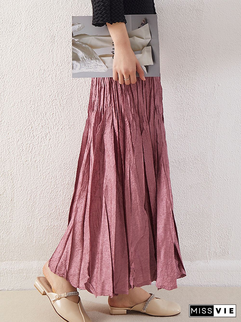 A-Line High Waisted Elasticity Pleated Solid Color Skirts Bottoms