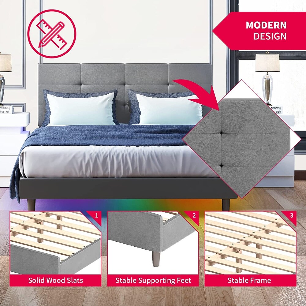 Mixoy Bed Frame with Smart RGB LED Lights Button Tufted Headboard PVC Fabric Upholstered Platform No Box Spring Needed