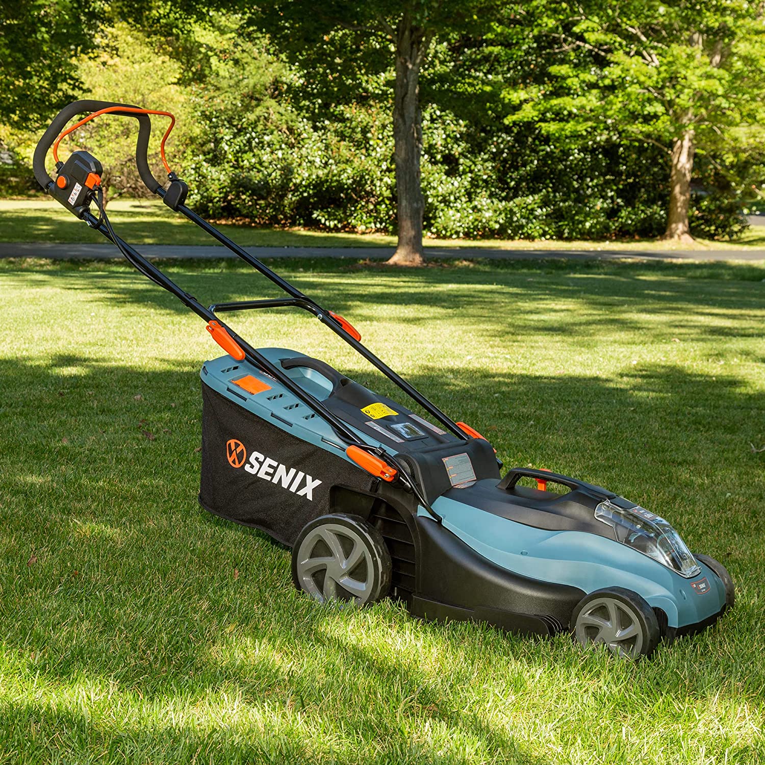 SENIX Electric Lawn Mower， 17-Inch， 58V Max* Cordless Lawn Mower with Brushless Motor， 6-Position Height Adjustment， 2.5Ah Lithium Ion Battery and Charger Included， LPPX5-M， Blue