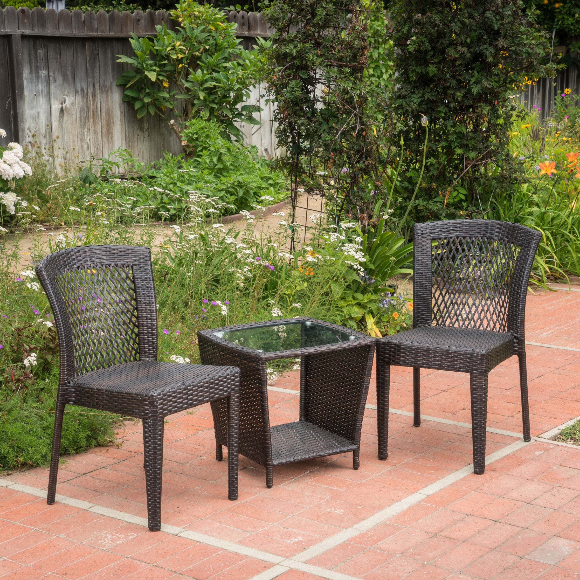 Capella Outdoor 3 Piece Multi-brown Wicker Stacking Chair Chat Set