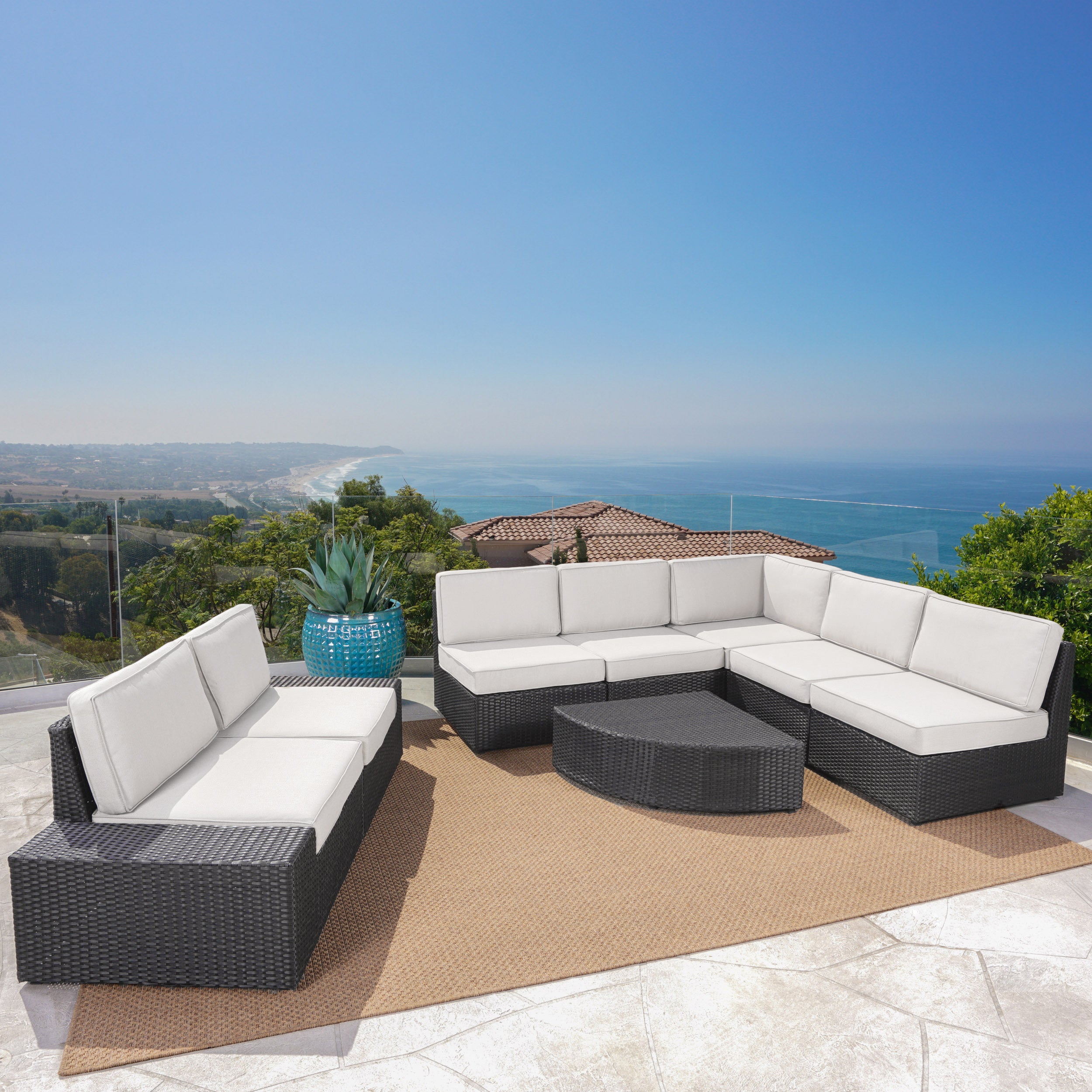 Reddington Outdoor 8 Piece Grey Wicker Sectional with Water Resistant Cushions