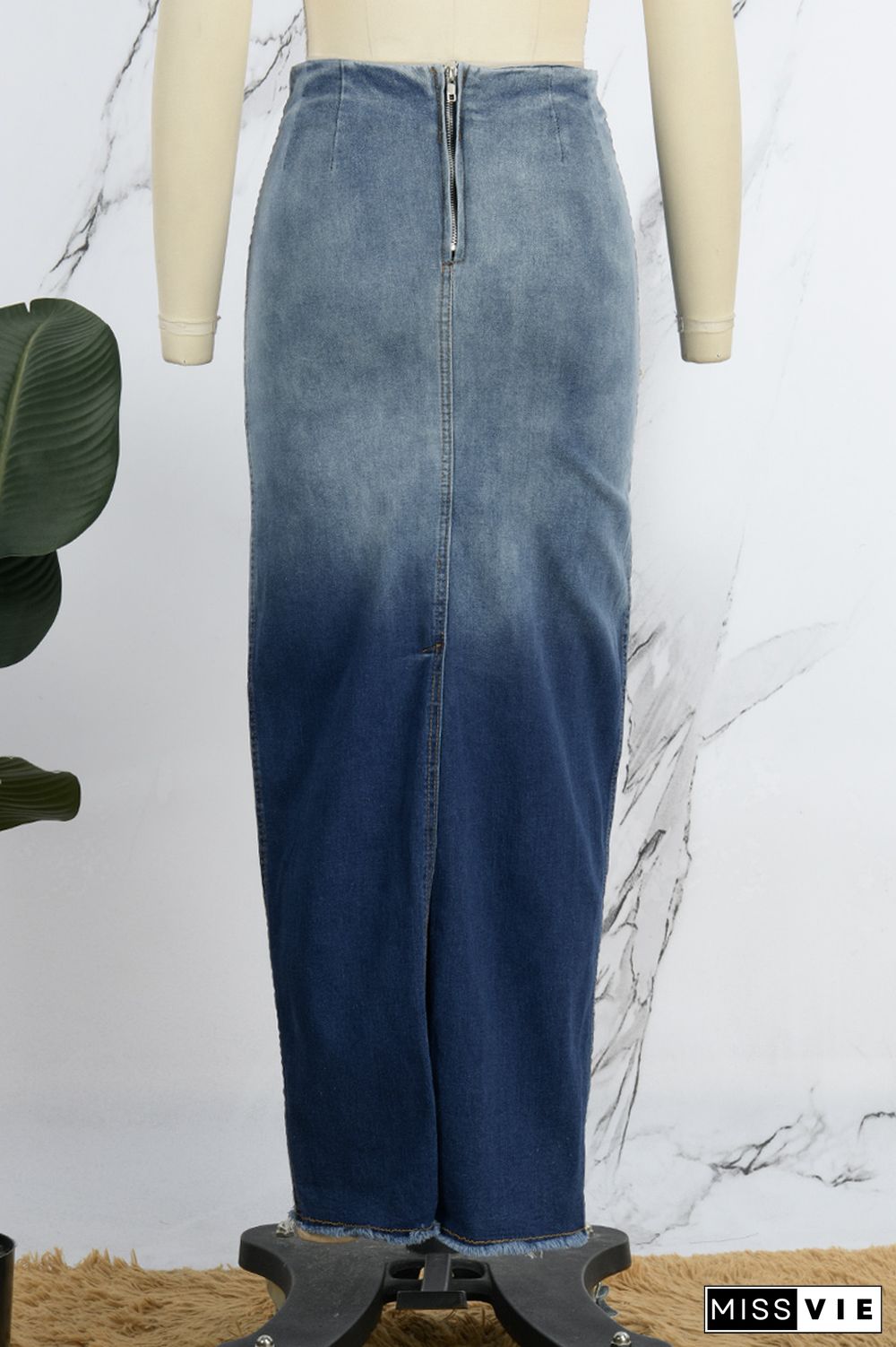 Blue Casual Gradual Change Patchwork High Waist Skinny Denim Skirts (Subject To The Actual Object)