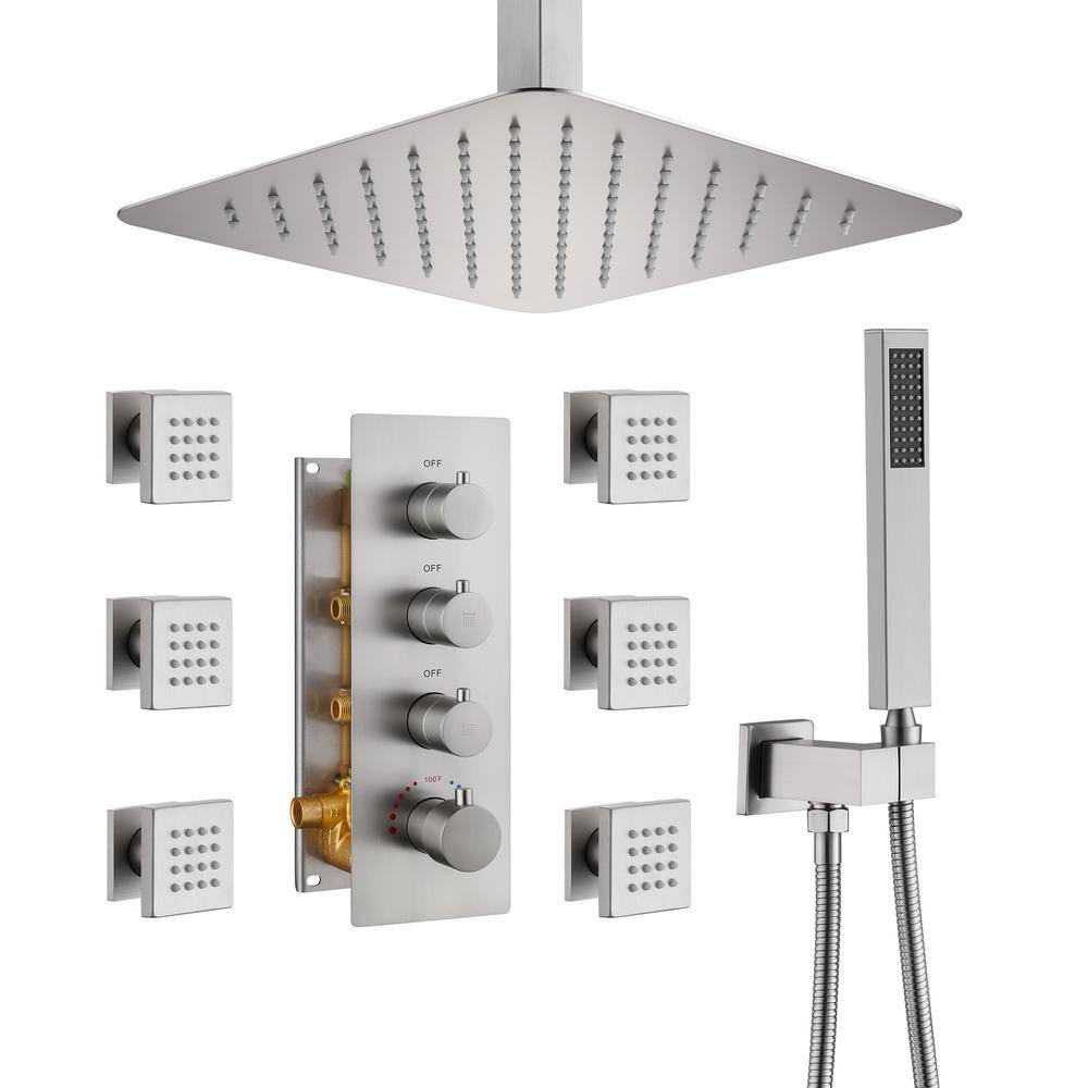 Mondawe Luxury 7-Spray Patterns Thermostatic 12 in. Ceiling Mount Rainfall Dual Shower Heads with 6-Jet in Brushed Nickel WF6310-12BN