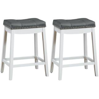 FORCLOVER 24 in. White and Gray Backless Wooden 24 in. Nailhead Bar Stools with Padded-Seat (Set of 2) W275-H65HWH