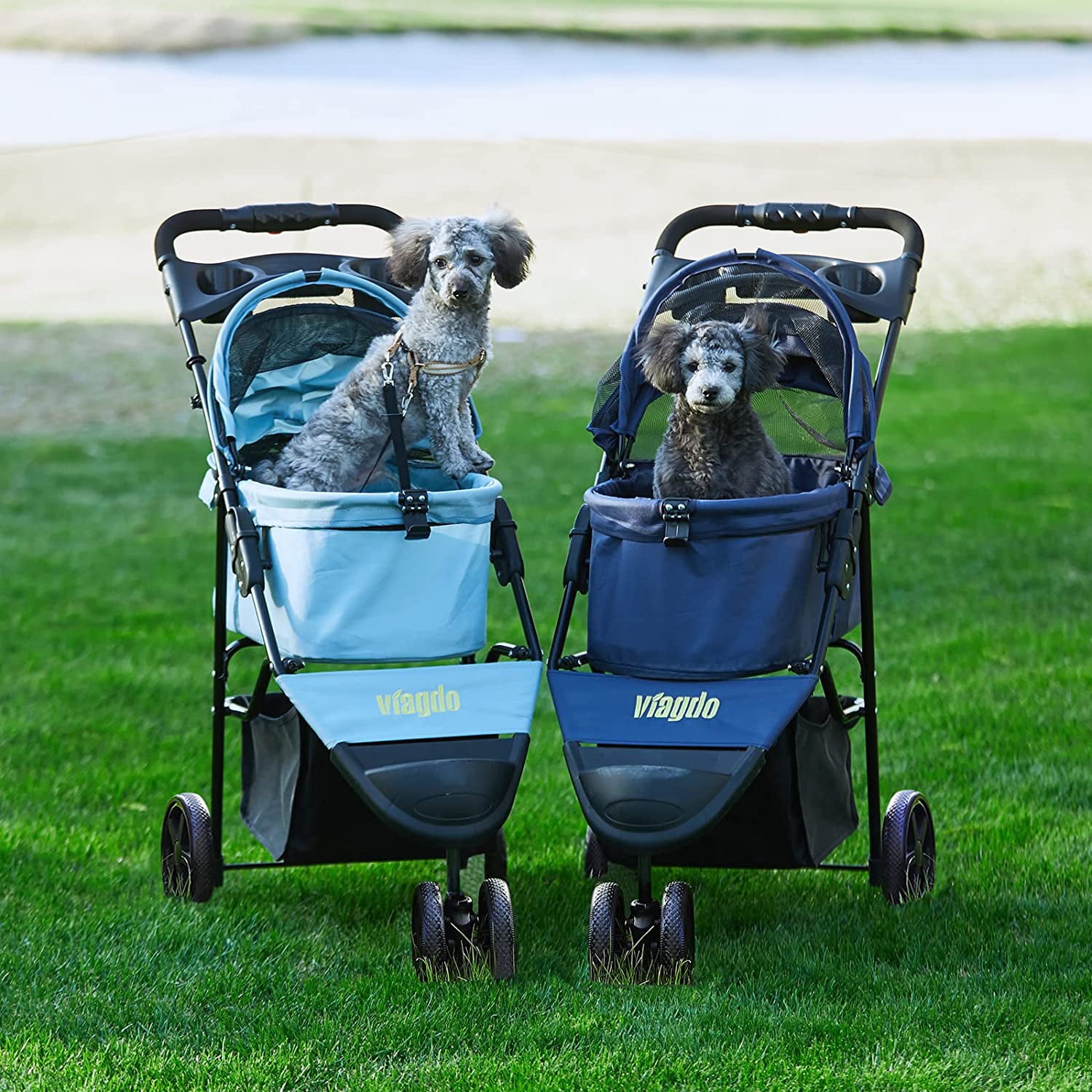 Pet Strollers for Small Medium Dogs and Cats， Folding Dog Stroller Traveling Strolling Cart with 3-Wheel and Removable Liner and Storage Basket， Light Blue