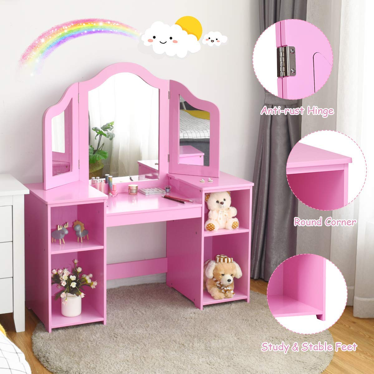 Costzon Kids Vanity, Princess Makeup Dressing Table with Tri-Folding Mirror & Storage Shelves, Pink