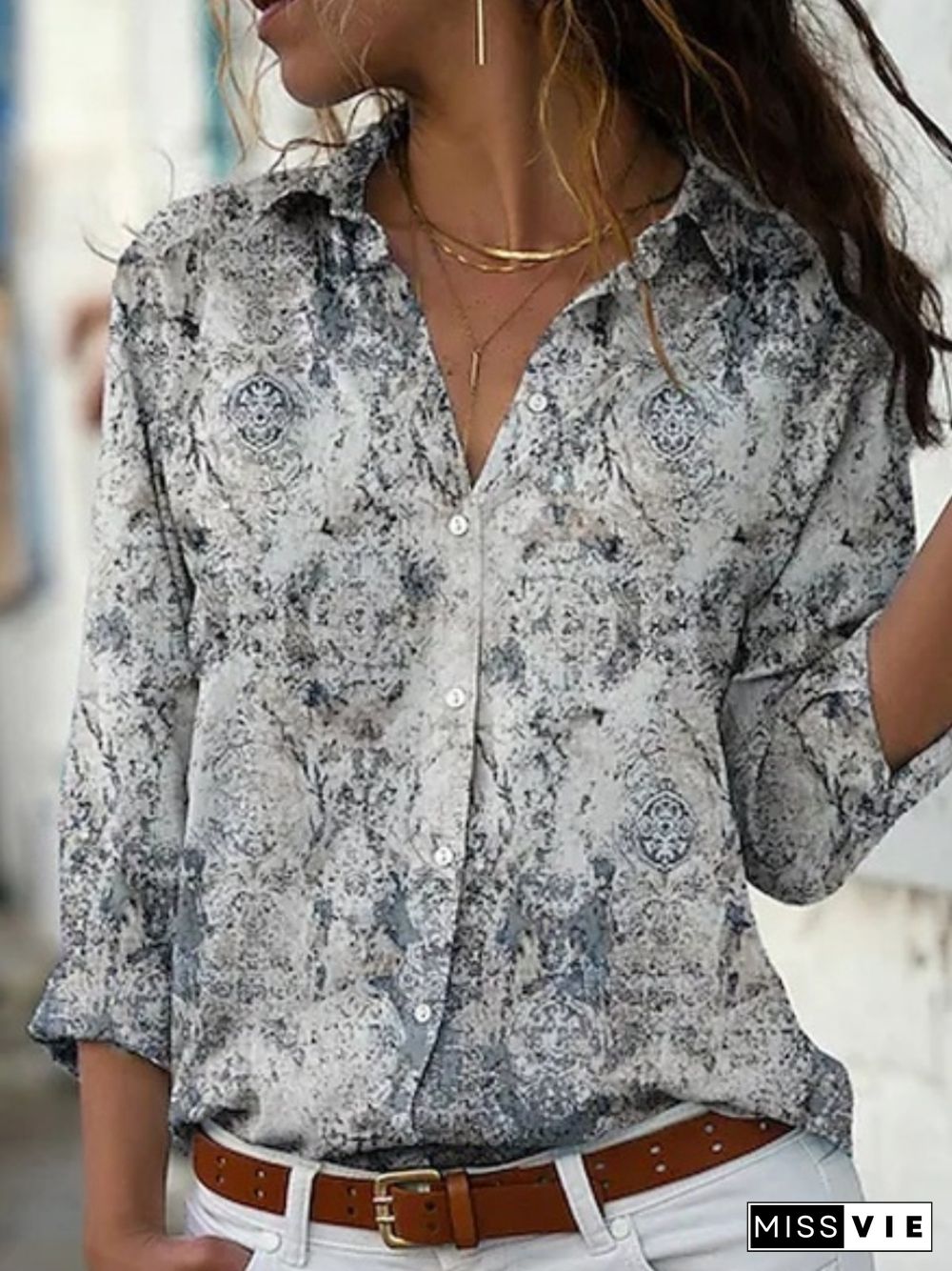 Casual Long Sleeve Shirt Collar Plus Size Printed Blouses