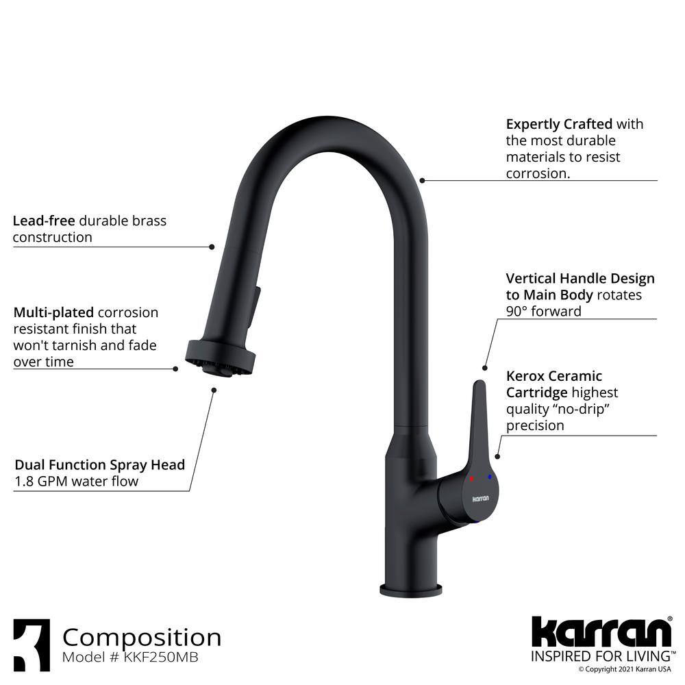 Karran Dockton Single Handle Pull Down Sprayer Kitchen Faucet in Matte Black KKF250MB