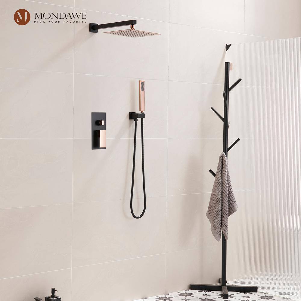 Mondawe Athens 2-Spray Patterns 10 in. Wall Mount Fixed and Handheld Shower Head 2.5 GPM in Black and Rose Gold Valve Included WF6360-10BRG