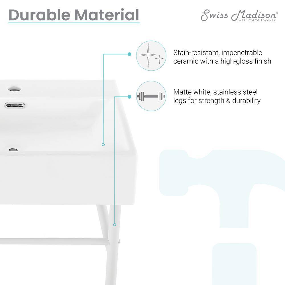 Swiss Madison Claire 24 in. Ceramic Console Sink Basin and Legs Combo in Glossy White Basin with Matte White Legs SM-CS741