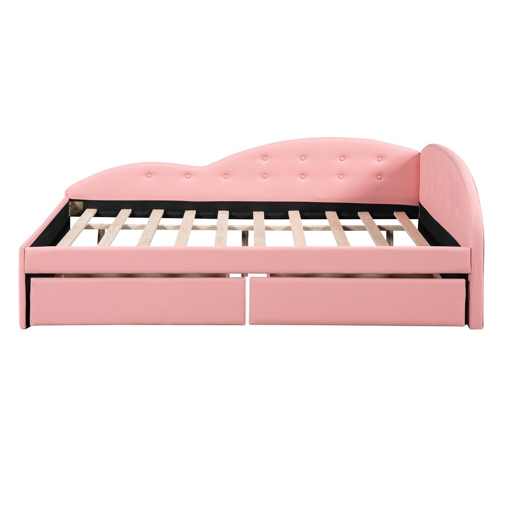 Pink Full Size PU Upholstered Tufted Daybed Wood Platform Bed Frame