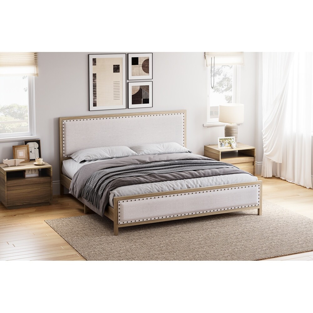 Upholstered Platform Bed with Linen Headboard and Footboard