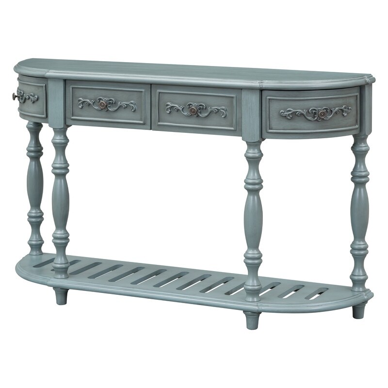 52'' Contemporary Curved Console Table with 4 Drawers  Modern Sofa Table with 1 Shelf for Living Room  Antique Blue