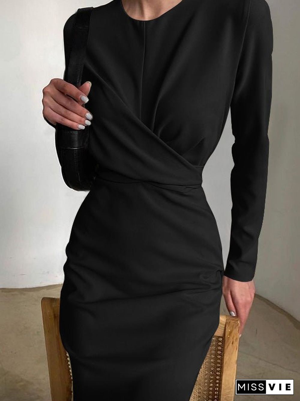 Women'S Dresses Round Neck Long Sleeve Slim Slit Midi Dress