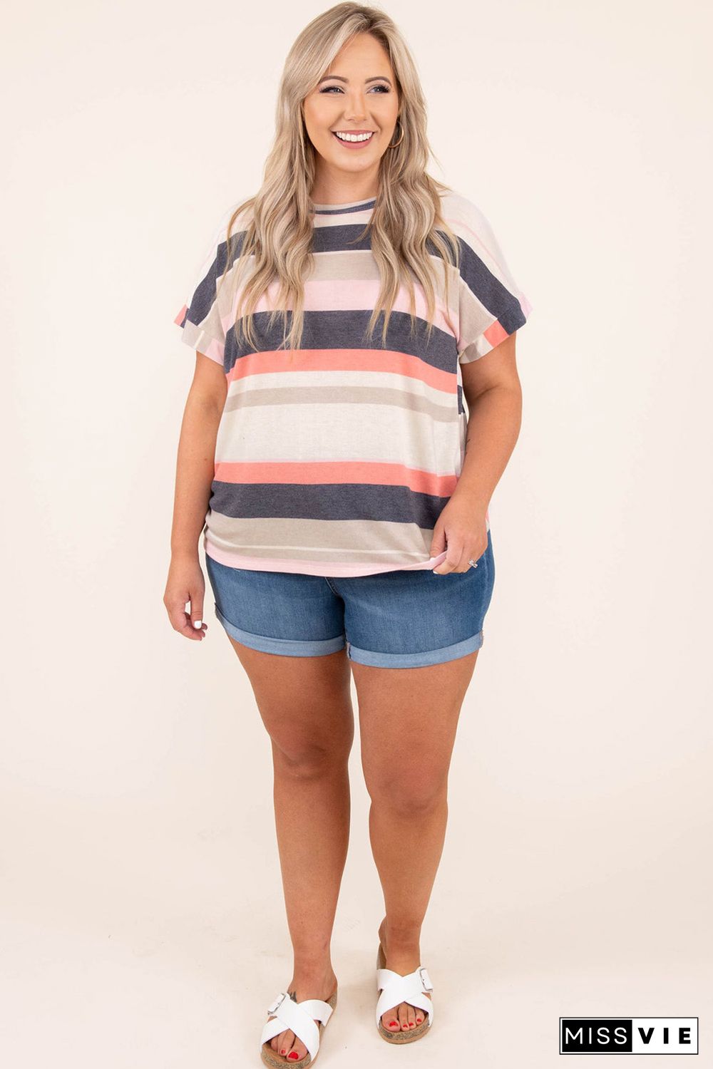 Plus Size Striped Colorblock Print T-shirt