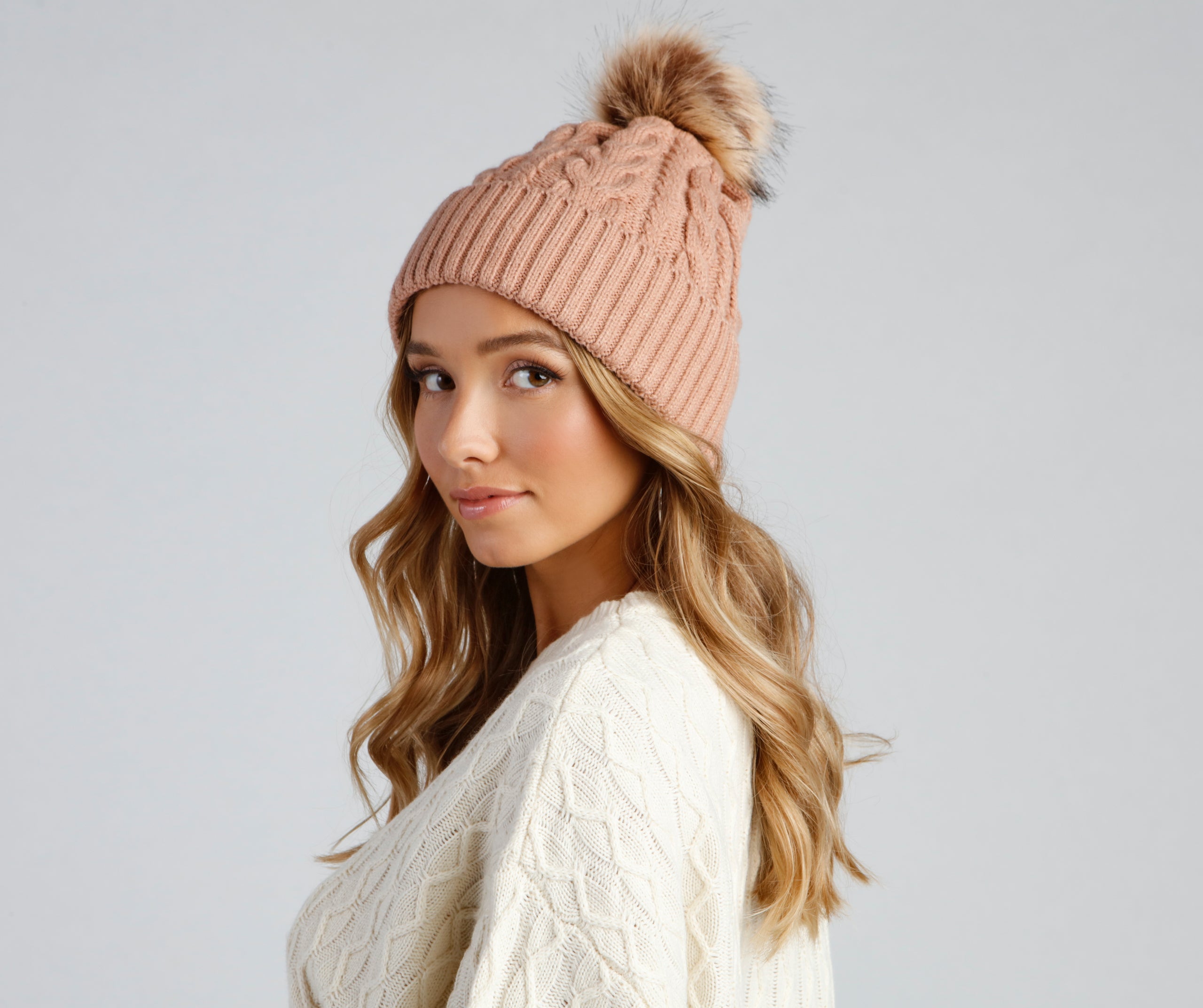 Winter Ready Pom Cable Knit Beanie